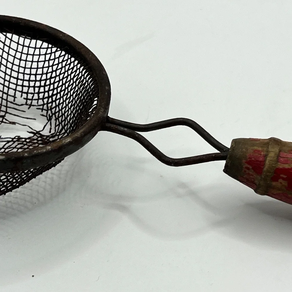Vintage Mini Strainer Rustic Kitchen Colander Farmhouse Decor Red‎ Wood Handle
